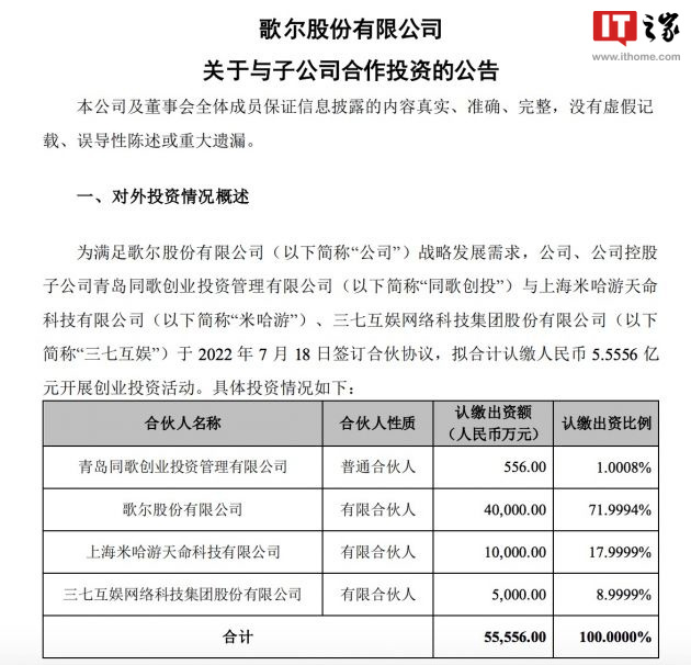 歌尔股份联手米哈游与三七互娱，携手打造5.56亿元科技创新投资联合体